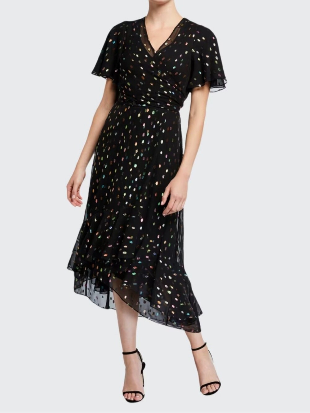 Metallic Flounce Wrap Dress